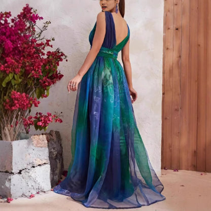 Deep V-neck Backless Printing Chiffon Big Swing Dress