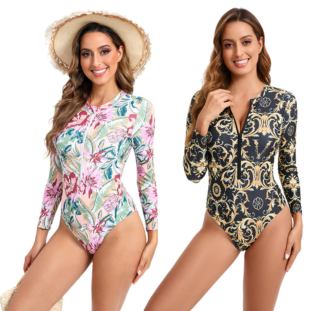Fashion Digital Printing Long Sleeve Zipper One-piece Swimsuit For Women