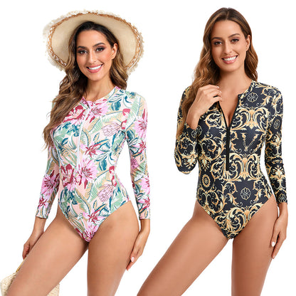 Fashion Digital Printing Long Sleeve Zipper One-piece Swimsuit For Women