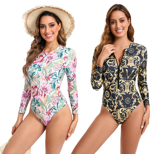 Fashion Digital Printing Long Sleeve Zipper One-piece Swimsuit For Women