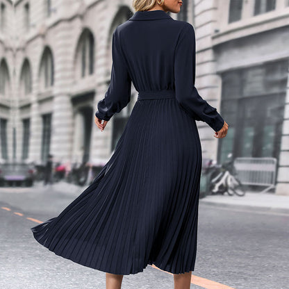 Lapel Shirt Women Pleated Long Sleeve Dress