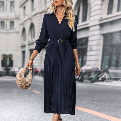 Lapel Shirt Women Pleated Long Sleeve Dress