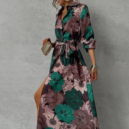 Printed Waist-controlled Lace-up Long Sleeve Dress
