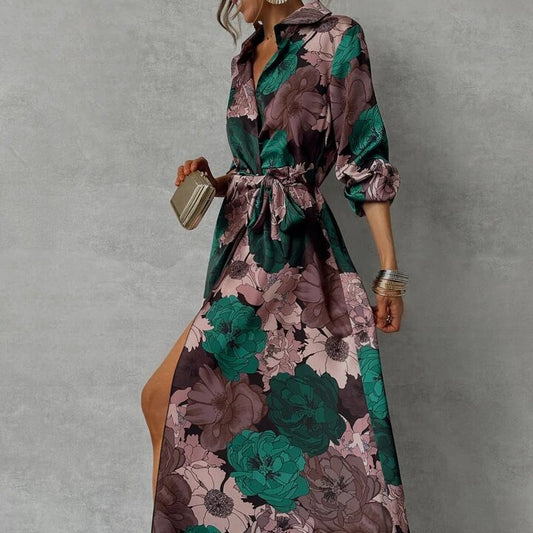 Printed Waist-controlled Lace-up Long Sleeve Dress