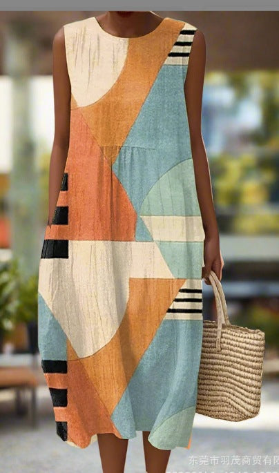 Summer New Sleeveless Printed Temperament Long Dress Dress Casual
