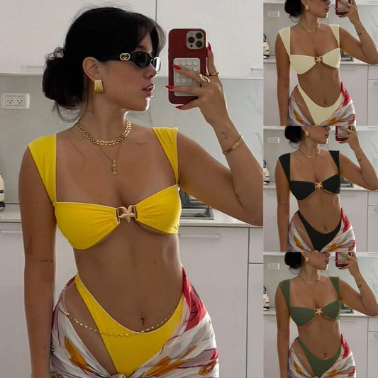 Cross-border Swimsuit Metal Decoration Pure Color Bikini Wide Shoulder Strap Sexy Swimsuit