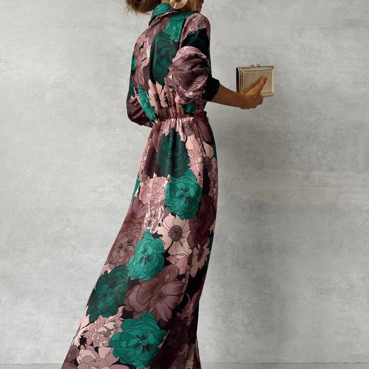 Printed Waist-controlled Lace-up Long Sleeve Dress