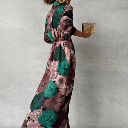 Printed Waist-controlled Lace-up Long Sleeve Dress