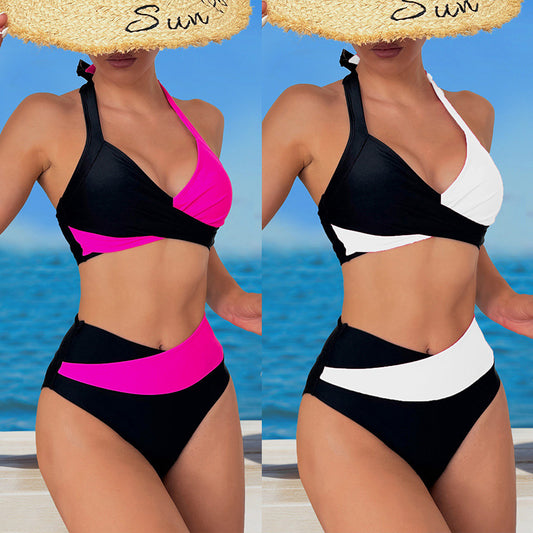 Halter Color Matching High Waist Bikini Split Swimsuit