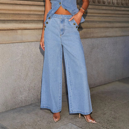Denim Vest Suits Fashion Sleeveless Button Tops And Wide Leg Straight Pants With Pockets Women's Trousers Set