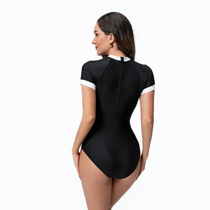Black And White Color Matching Short-sleeved One-piece Briefs Back Zipper Swimsuit