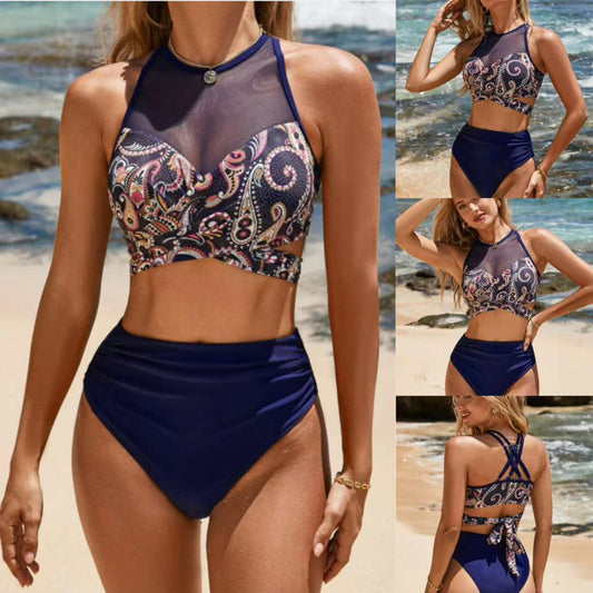 Split Swimsuit Deep V Chiffon Patchwork High Waist Bikini Swimsuit