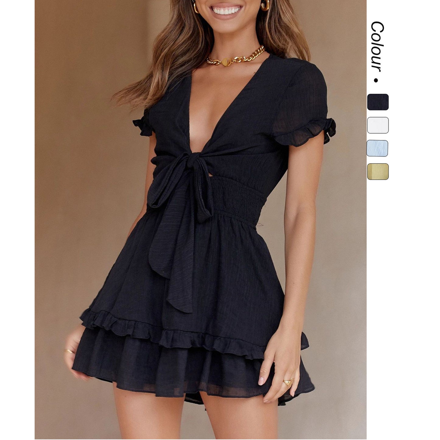 Ruffled Sweet Tie-neck V-neck Chiffon Dress