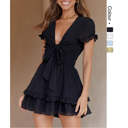 Ruffled Sweet Tie-neck V-neck Chiffon Dress