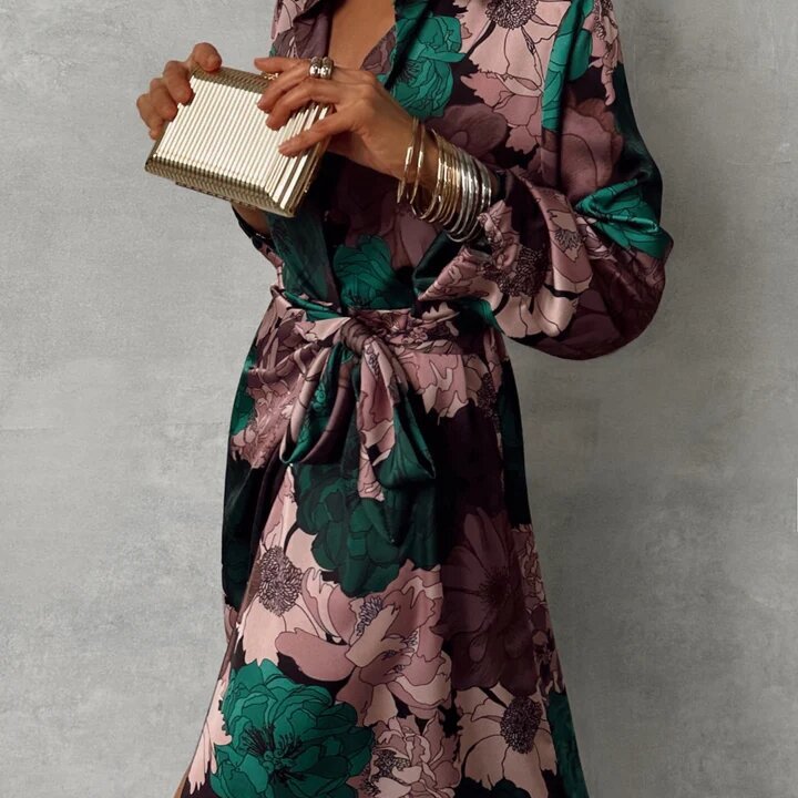 Printed Waist-controlled Lace-up Long Sleeve Dress