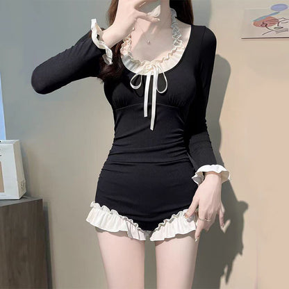 Swimsuit Women's One-piece Long Sleeves French Retro Conservatively Thin