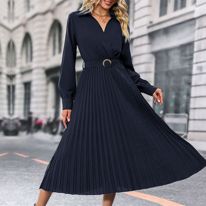 Lapel Shirt Women Pleated Long Sleeve Dress