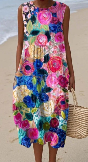 Summer New Sleeveless Printed Temperament Long Dress Dress Casual