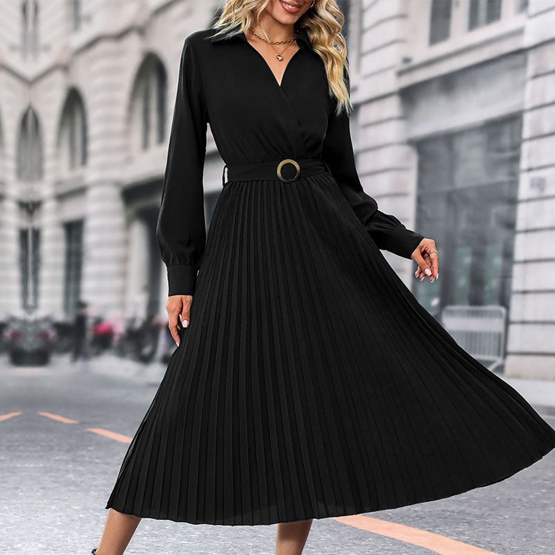 Lapel Shirt Women Pleated Long Sleeve Dress