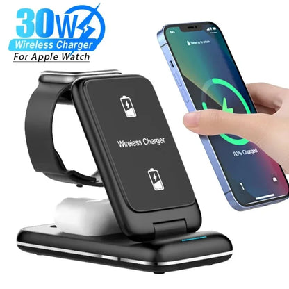 30W Fast Charging Dock Station 3 in 1 Foldable Wireless Charger Stand For iPhone 16 15 14 13 12 11 iWatch 8 7 6 Airpods Pro