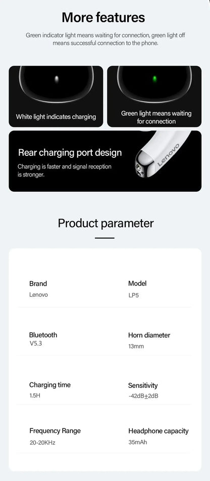 Lenovo LP5 Wireless Bluetooth Earphones HiFi Music Earbuds With Mic Headphones Sports Waterproof Headset Original New Version