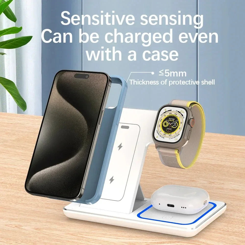 Wireless Charger Stand 3 in 1 30W LED Foldable Wireless Charger For iPhone 16 15 Pro Max iWatch 8 7 Airpods Charge Dock Station