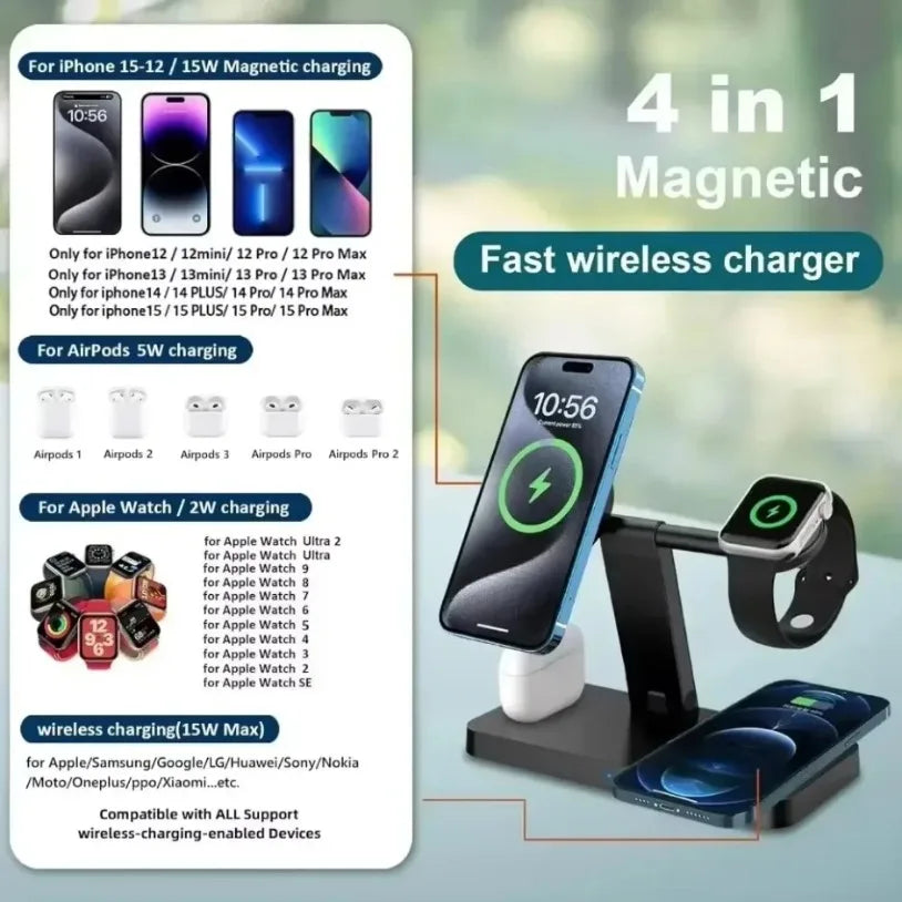 15W 4 In 1 Foldable Fast Charging Station Magnetic Wireless Charger Stand For Magsafe iPhone 12-16 iWatch Airpods Desktop Stand