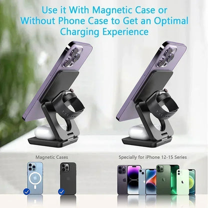 3 In 1 Foldable Magnetic Wireless Charger Stand For iPhone 16 15 14 13 Pro Max iWatch 10 9 AirPods Fast Charging Station Holder