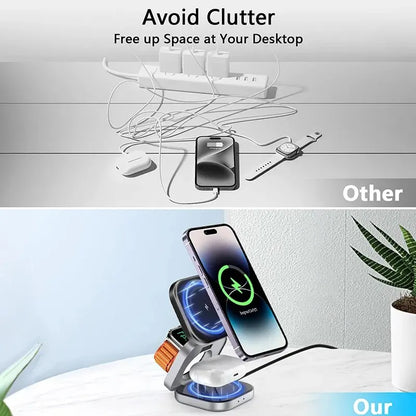 3 In 1 Foldable Magnetic Wireless Charger Stand For iPhone 15 14 13 Pro Max IWatch AirPods 3/2 Station Dock Fast Charging Holder