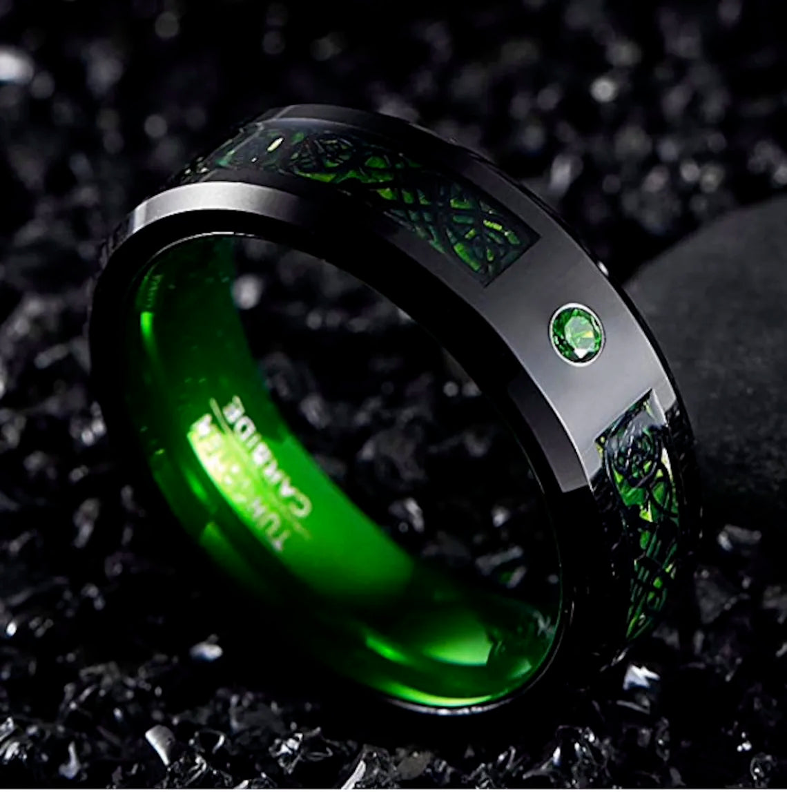 Men's 8mm Black Tungsten Wedding Celtic Dragon Ring Inlaid Red Zircon Punk Stainless Steel red Carbon Fibre ring For Men Jewelry
