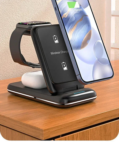 30W Fast Charging Dock Station 3 in 1 Foldable Wireless Charger Stand For iPhone 16 15 14 13 12 11 iWatch 8 7 6 Airpods Pro