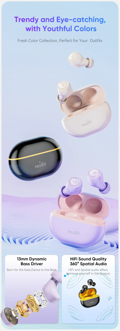 Realfit F4 Mini ANC Bluetooth Earphones 40dB Active Noice Cancellation HIFI Heavy Bass Wireless Earbuds for realme xiaomi