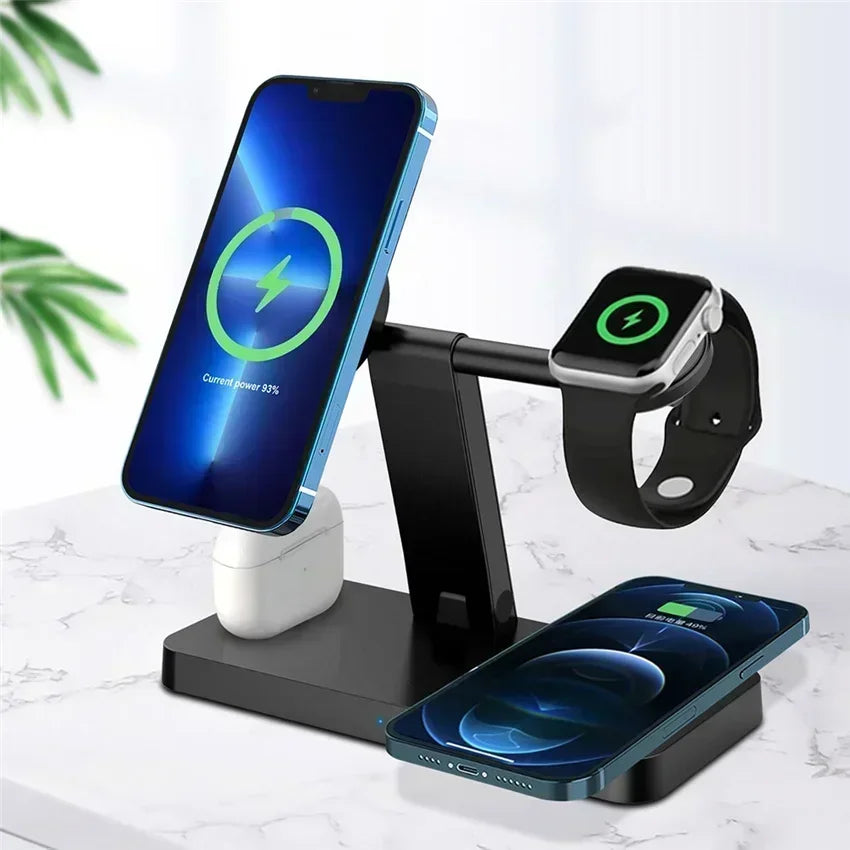 15W 4 In 1 Foldable Fast Charging Station Magnetic Wireless Charger Stand For Magsafe iPhone 12-16 iWatch Airpods Desktop Stand