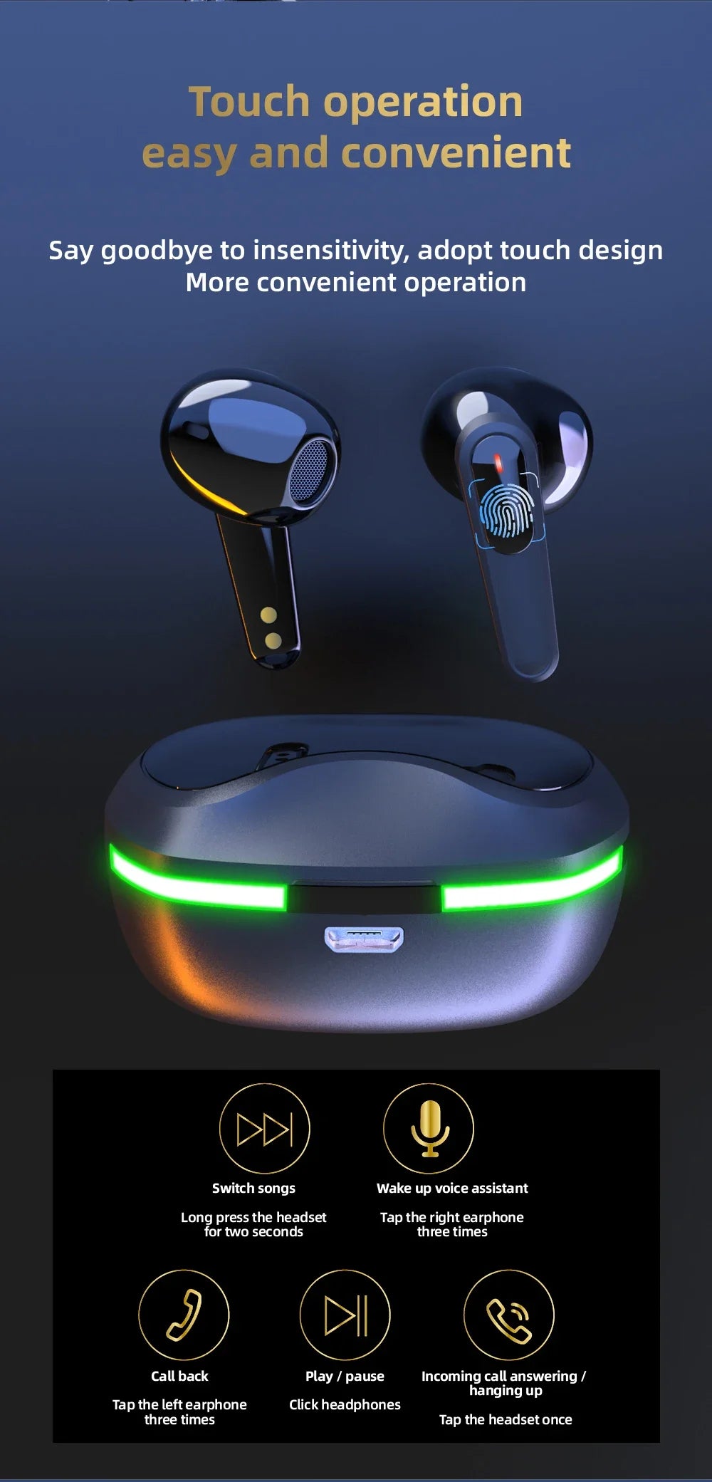 SW-P60 Wireless bluetooth earphones Headset Touch Light With Mic HiFi Stereo Headset Sports Outdoor Earbuds Ear Games Music