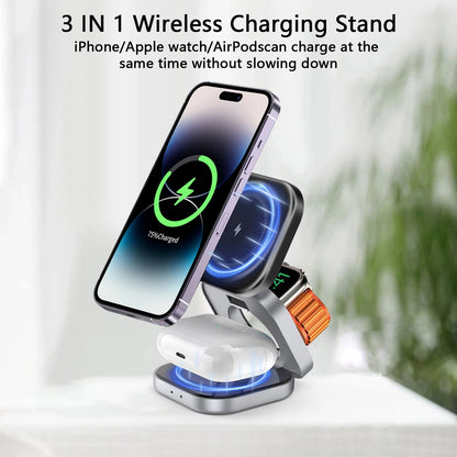3 In 1 Foldable Magnetic Wireless Charger Stand For iPhone 15 14 13 Pro Max IWatch AirPods 3/2 Station Dock Fast Charging Holder