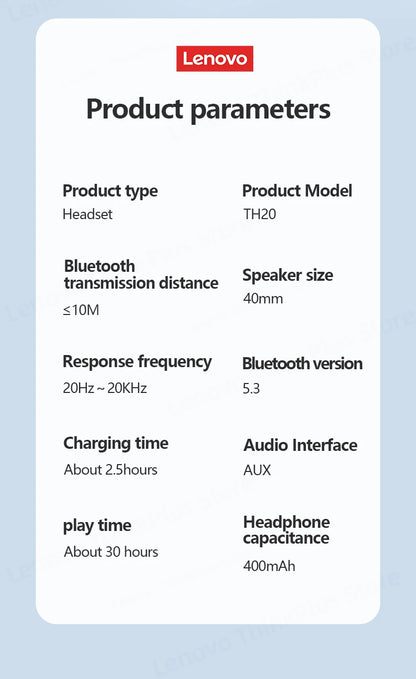Original Lenovo 5.3 Wireless Bluetooth Headset TH20 Gaming Dual Mode Foldable Sport Headphone HIFI Sound Music Earphone 2023 New