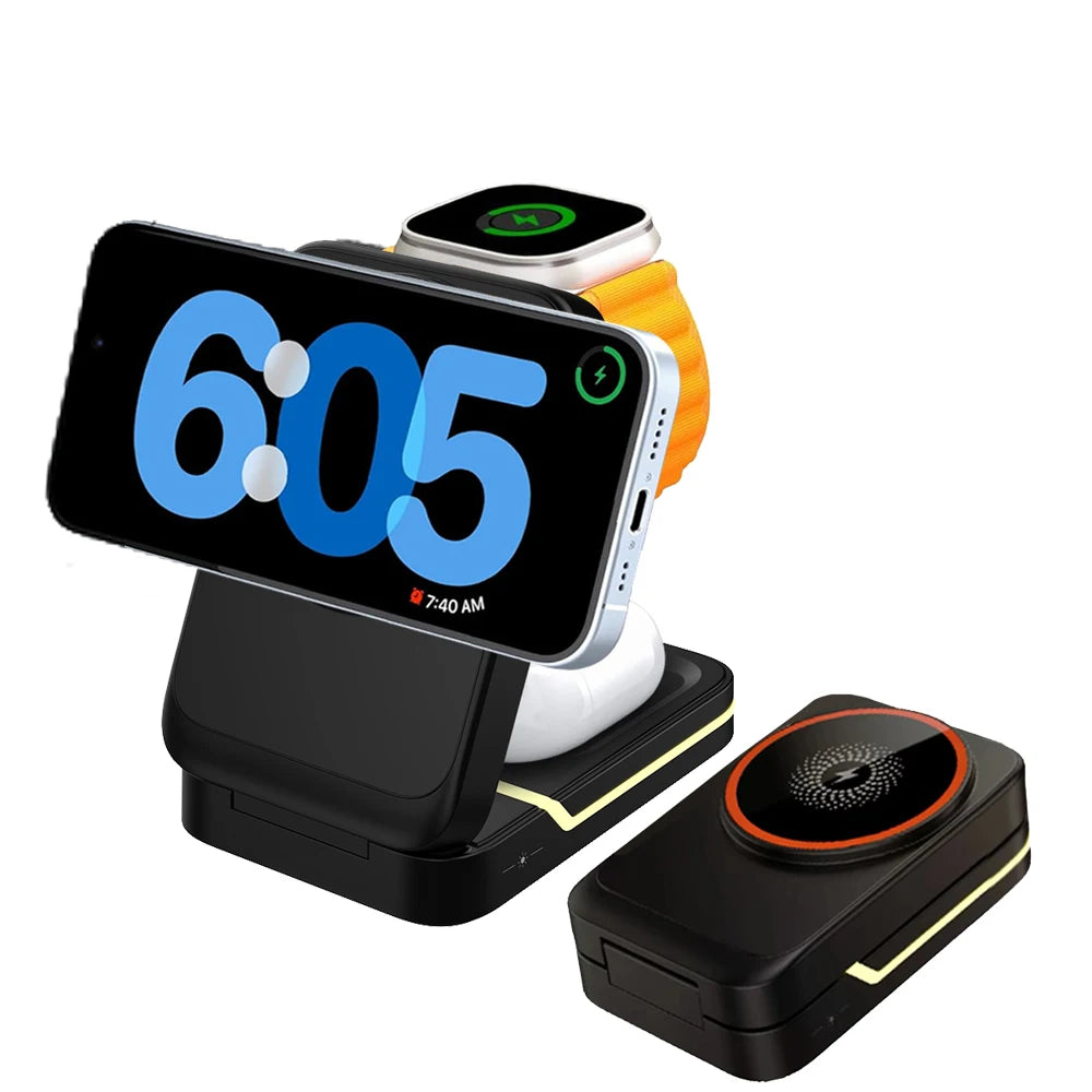 Magnetic Wireless Charger For iPhone 16 15 14 13 12 Pro Max/Mini/Plus/ iWatch/Airpods Foldable Wireless Charging Station 3 IN 1