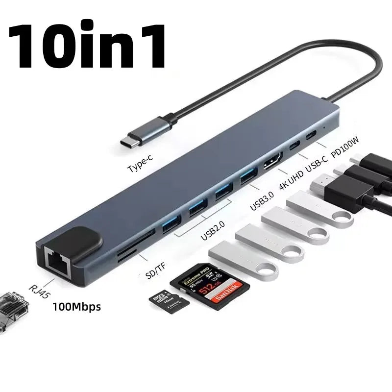 USB C Docking Station with 4K@30Hz HDMI-compatible 100Mbps Ethernet PD100W Multi-port USB Splitter Hub for Thunderbolt3/4 Laptop