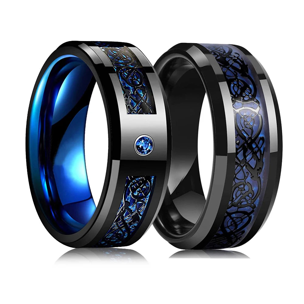Men's 8mm Black Tungsten Wedding Celtic Dragon Ring Inlaid Red Zircon Punk Stainless Steel red Carbon Fibre ring For Men Jewelry