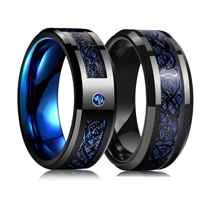 Men's 8mm Black Tungsten Wedding Celtic Dragon Ring Inlaid Red Zircon Punk Stainless Steel red Carbon Fibre ring For Men Jewelry