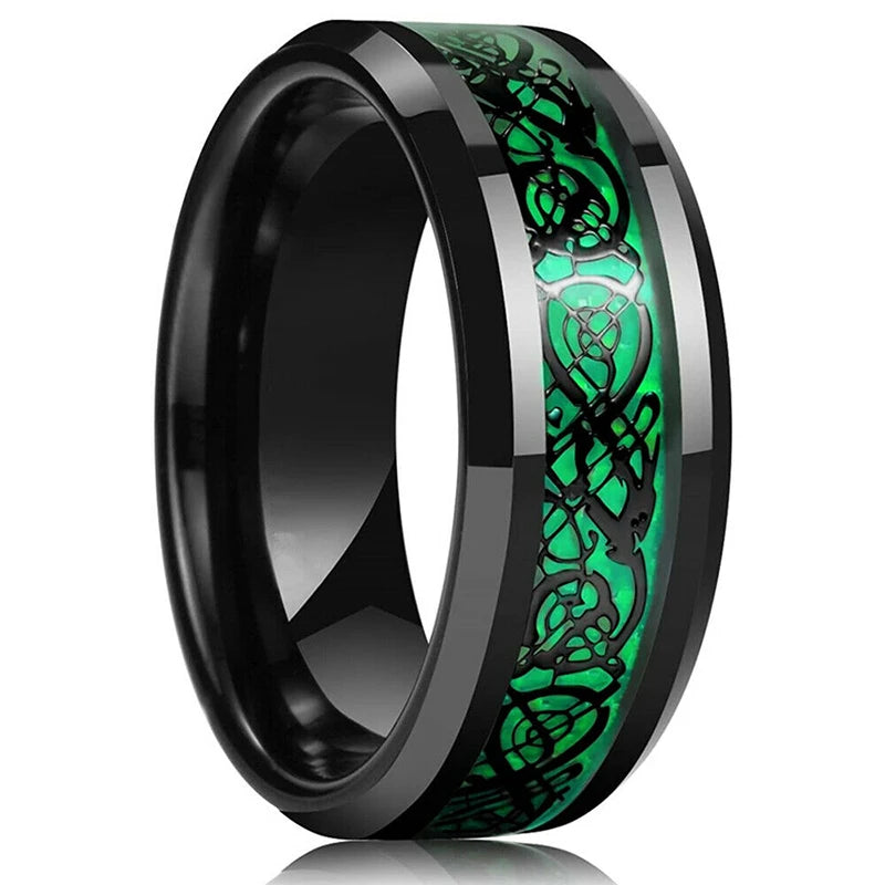 Men's 8mm Black Tungsten Wedding Celtic Dragon Ring Inlaid Red Zircon Punk Stainless Steel red Carbon Fibre ring For Men Jewelry