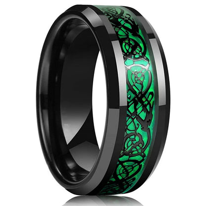 Men's 8mm Black Tungsten Wedding Celtic Dragon Ring Inlaid Red Zircon Punk Stainless Steel red Carbon Fibre ring For Men Jewelry