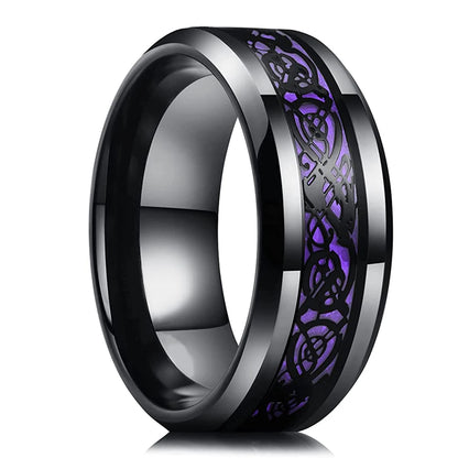 Men's 8mm Black Tungsten Wedding Celtic Dragon Ring Inlaid Red Zircon Punk Stainless Steel red Carbon Fibre ring For Men Jewelry