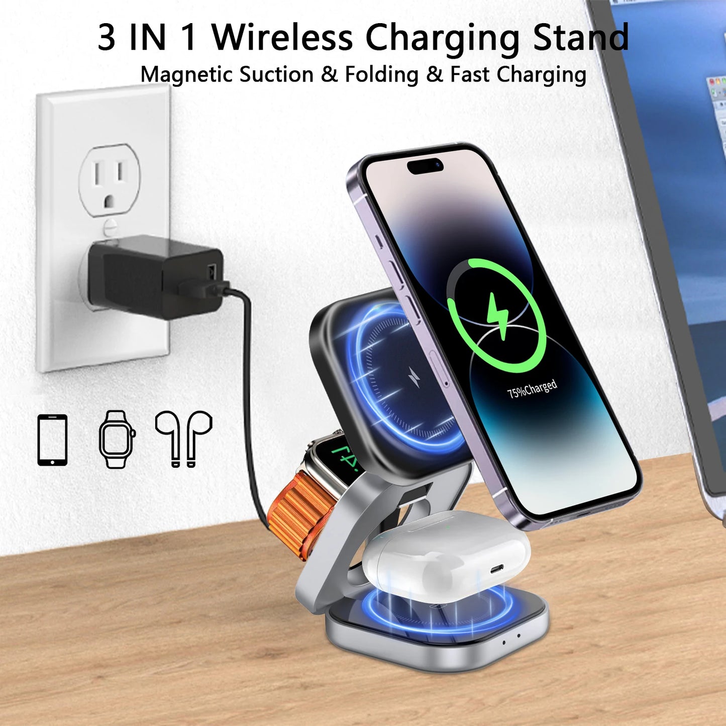 3 In 1 Foldable Magnetic Wireless Charger Stand For iPhone 15 14 13 Pro Max IWatch AirPods 3/2 Station Dock Fast Charging Holder