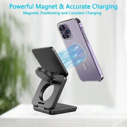 3 In 1 Foldable Magnetic Wireless Charger Stand For iPhone 16 15 14 13 Pro Max iWatch 10 9 AirPods Fast Charging Station Holder