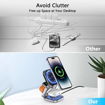 3 In 1 Foldable Magnetic Wireless Charger Stand For iPhone 15 14 13 Pro Max IWatch AirPods 3/2 Station Dock Fast Charging Holder