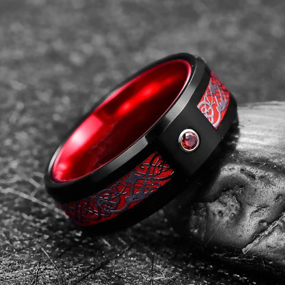 Men's 8mm Black Tungsten Wedding Celtic Dragon Ring Inlaid Red Zircon Punk Stainless Steel red Carbon Fibre ring For Men Jewelry