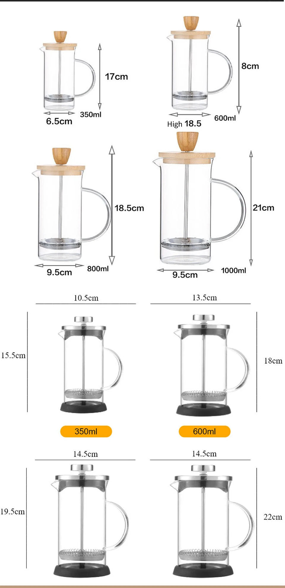 350-1000ml French Press - Stainless Steel and Glass Coffee Maker