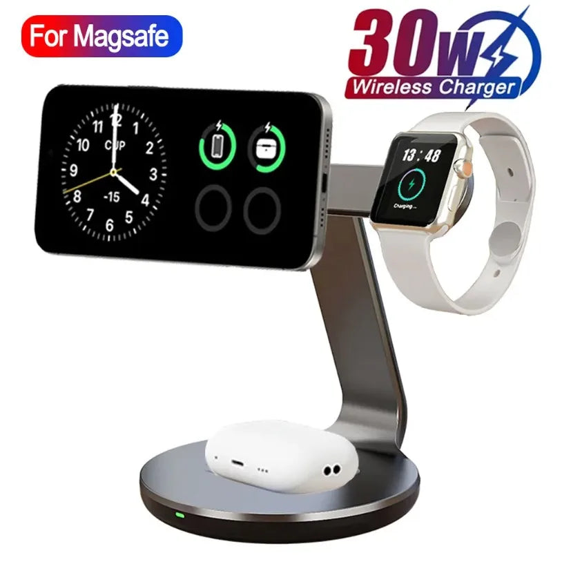 30W 3 In 1 Fast Charging Station Magnetic Wireless Charger Stand For Magsafe iPhone 16 15 14 13 Pro Max iWatch 8 7 Airpods Pro