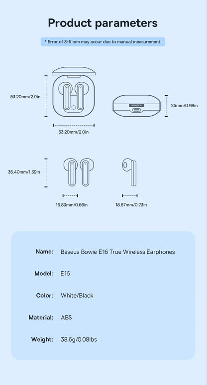 Baseus Bowie E16 Wireless Earphone Bluetooth 5.3 Earphones 30H Long Battery Life IPX4 Waterproof True Wireless Headphone Earbuds